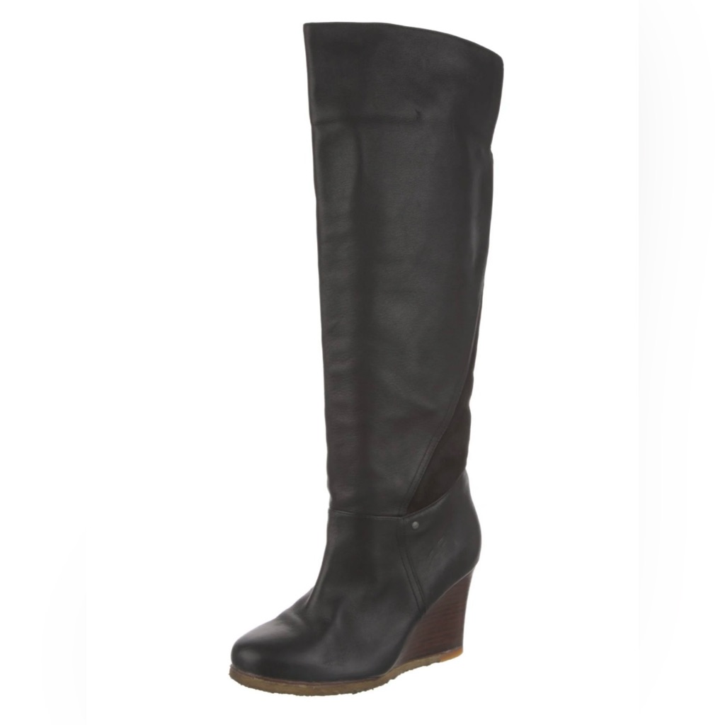 Ugg Australia Ravenna Sheepskin Leather Knee High Wedge Boots In Black - Size 9